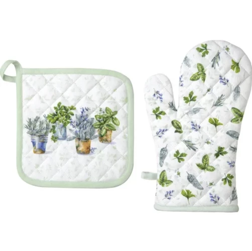 סט של כפפות ומגבות תנור "Aromatic Herbs Light Green"
